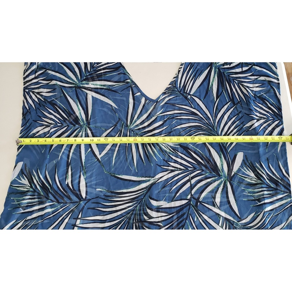 Swim Cover Up Women One Size Blue Tropical Palm Leaf Kaftan Vacation Beach Boho - Picture 4 of 4